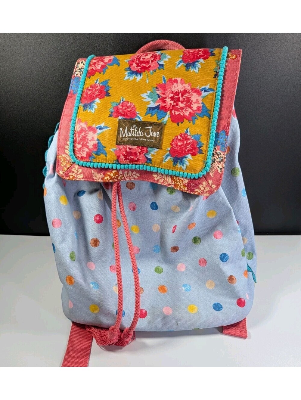 Matilda Jane Girls OS Blue Pink Make A Splash Swim Backpack Floral Polka Dot Bag